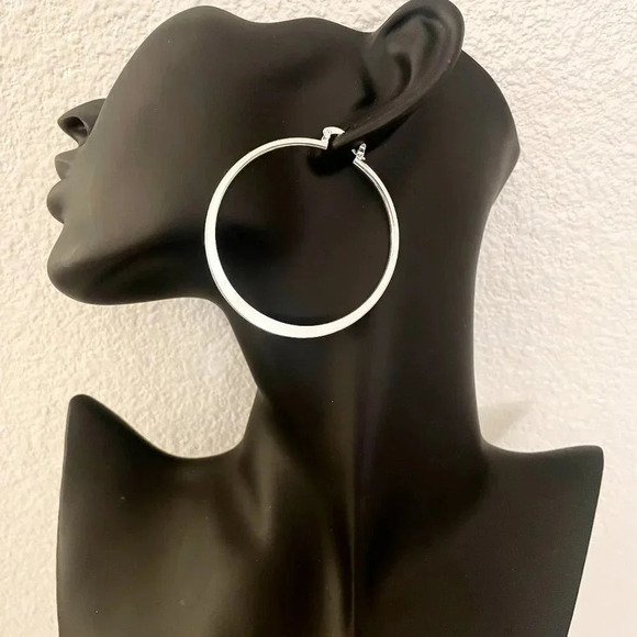 925 Sterling Silver Hoop Earrings Large Silver Hoops Modern Earrings - Picture 3 of 4